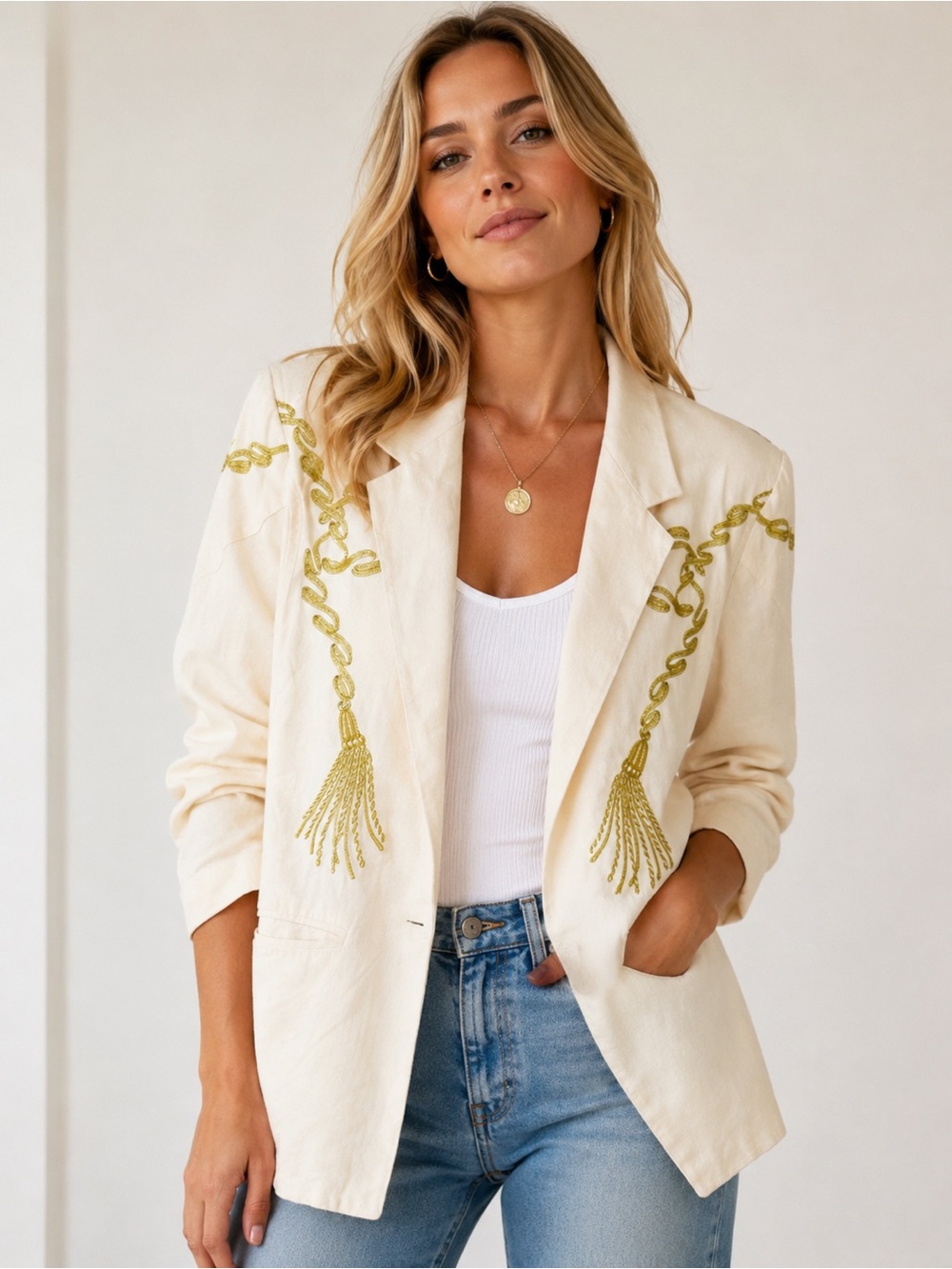 Carol Horn Workshop Vintage 100% Silk Cream Gold Tassel Blazer Jacket